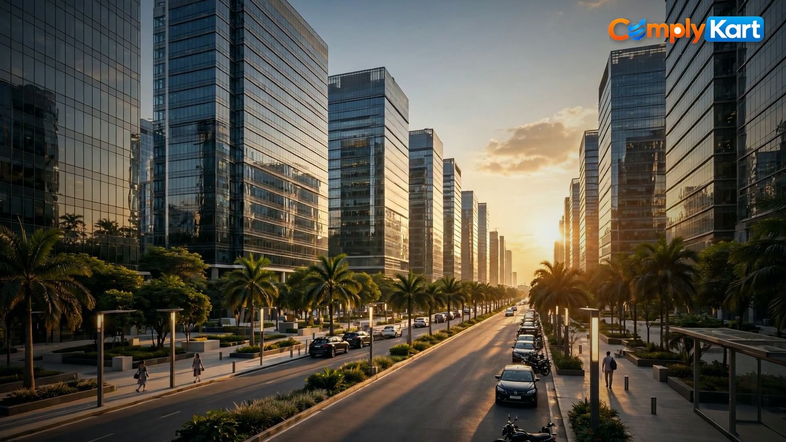 Skyscrapers of a modern business district at sunset